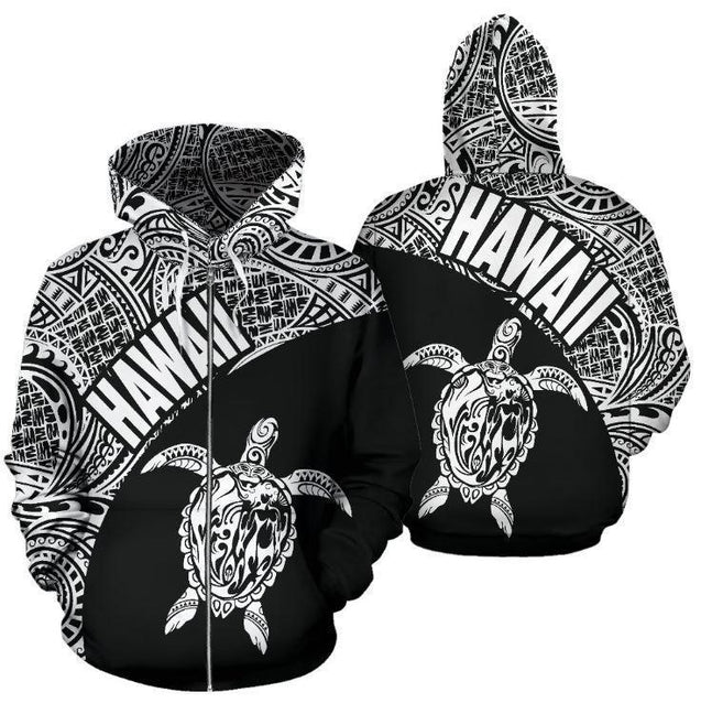 Hawaii Hoodie Turtle Mermaid Polynesian Wave - White Hoodie-Apparel-Phaethon-Zipped Hoodie-S-Vibe Cosy™