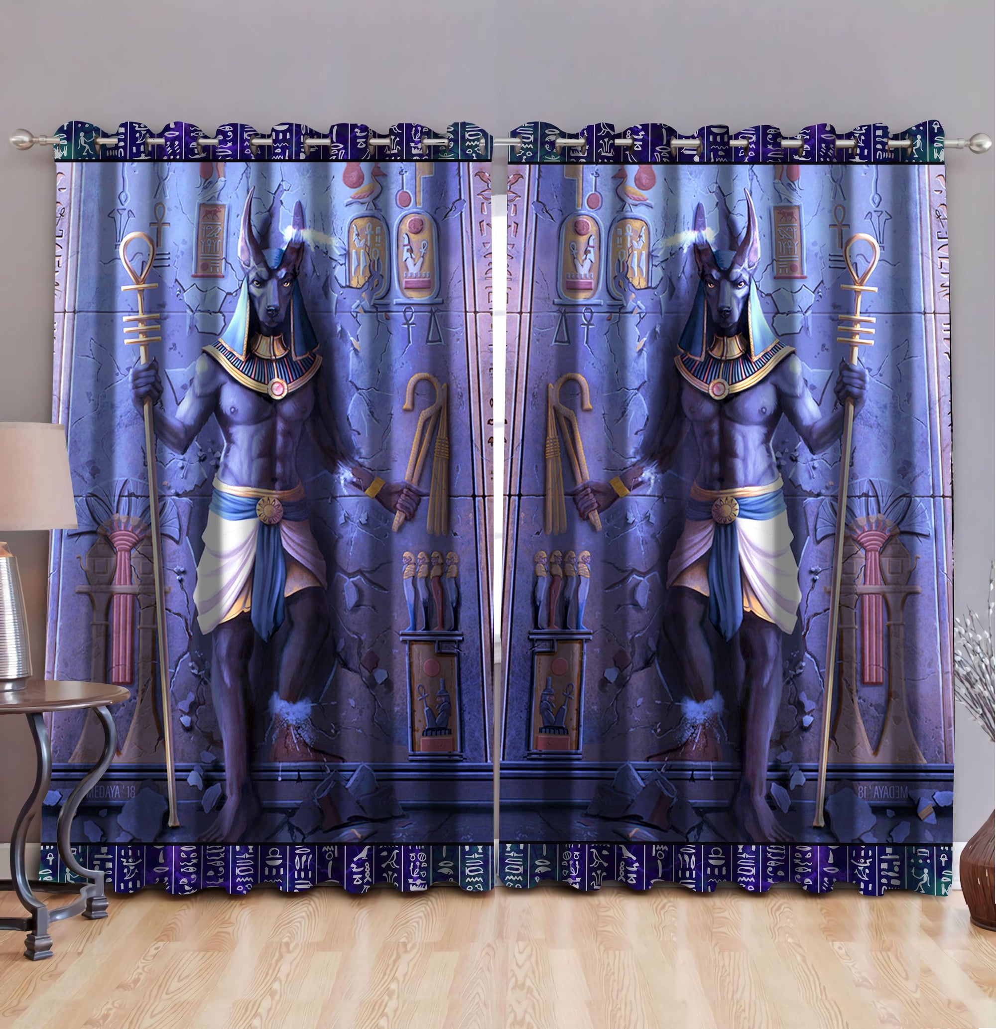 Anubis Face Blue Ancient Egyptian Mythology Culture Window Curtains