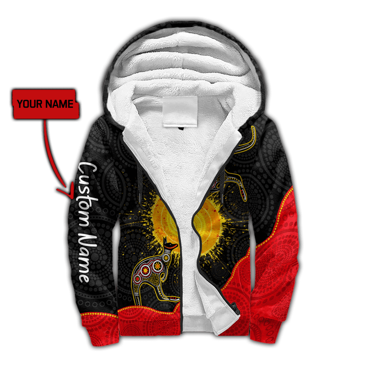Custom name Aboriginal Flag Kangaroo Sunset Glow 3D design Fleece Zip-Up Hoodie