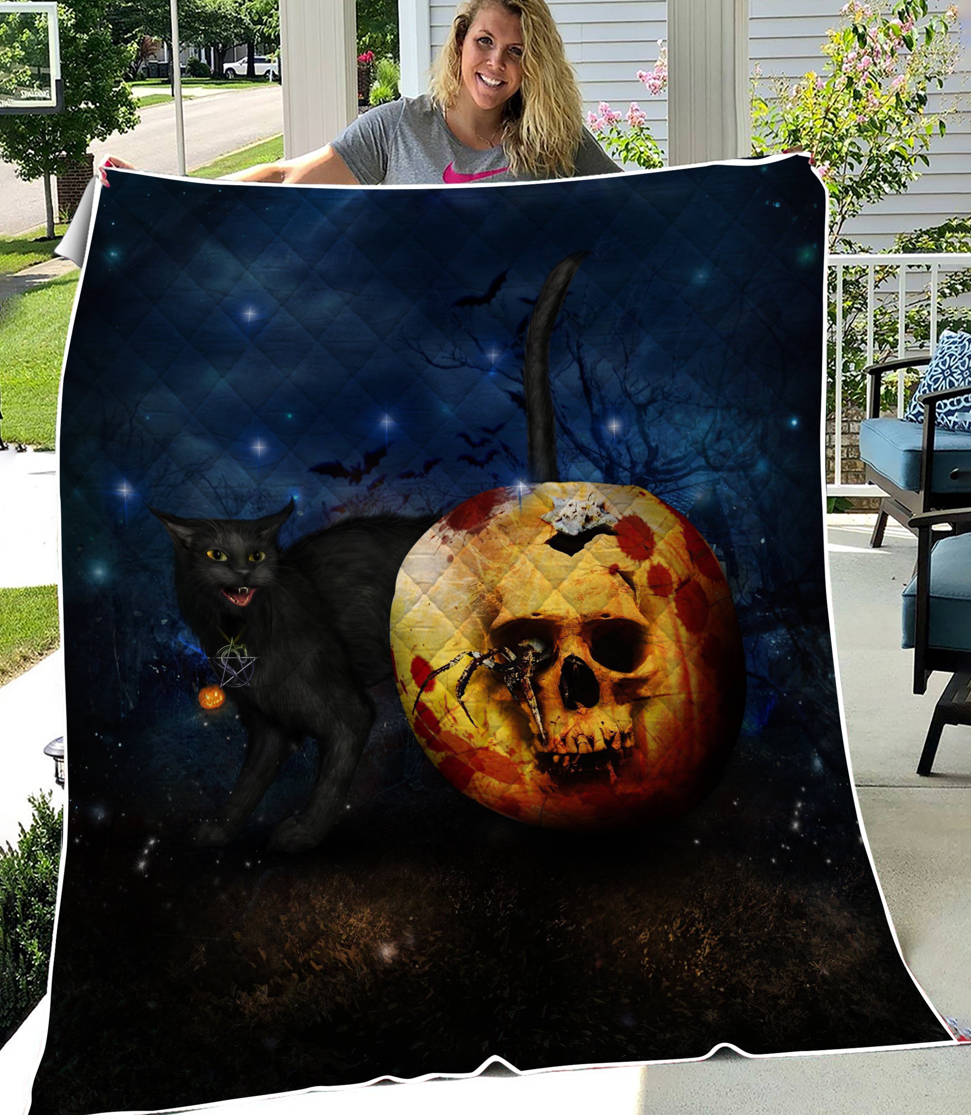 Halloween Skull Black Cat Quilt AM082022-LAM