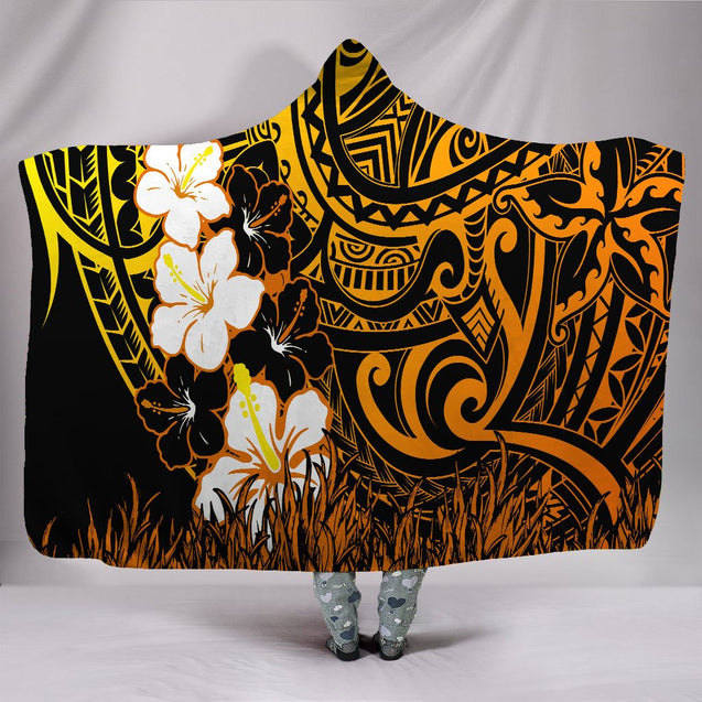 Amazing Polynesian Hibiscus And Tattoo Hawaii Style 3D Over Printed Unisex Hooded Blanket ML