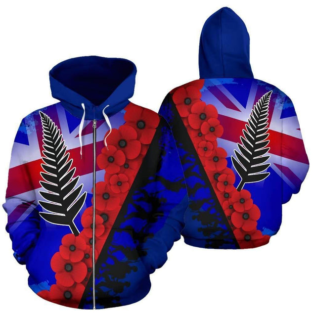 Lest We Forget Silver Fern Poppy Zip Up Hoodie HC0914-Apparel-Huyencass-Zipped Hoodie-S-Vibe Cosy™
