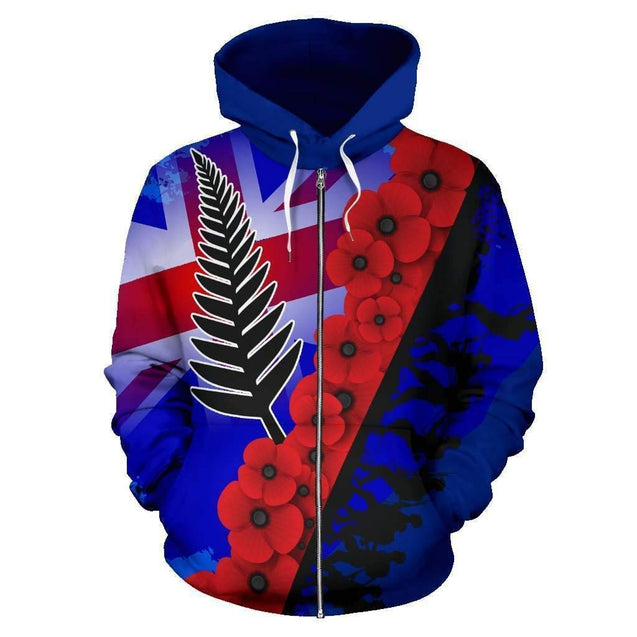 Lest We Forget Silver Fern Poppy Zip Up Hoodie HC0914-Apparel-Huyencass-Zipped Hoodie-S-Vibe Cosy™