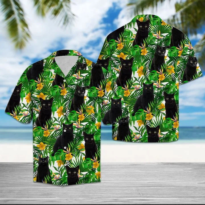 Black cat tropical wild flowers hawaii shirt HG7800-Apparel-HG-Hawaiian shirt-S-Vibe Cosy™