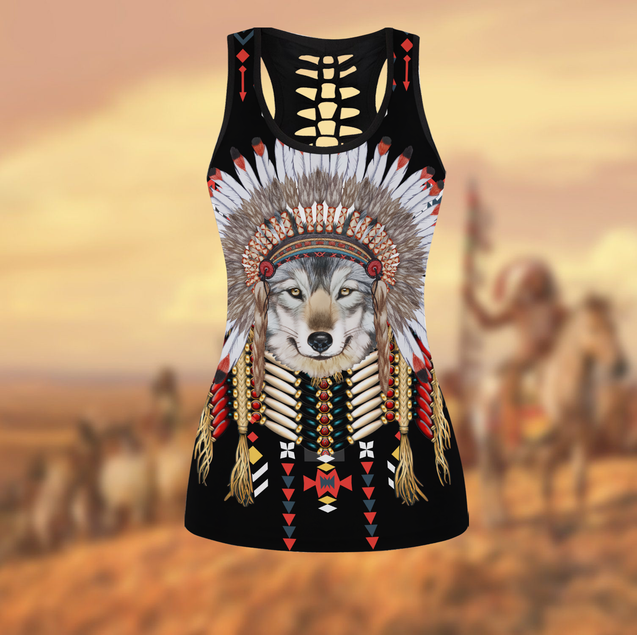 Wolf Native American 3D All Over Printed Legging + Hollow Tank