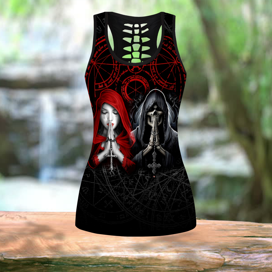 Angel And Demon Combo Hollow Tank Top And Legging Outfit MH210920