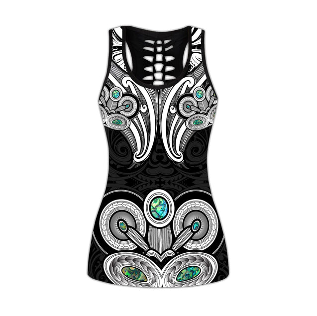 New Zealand Aotearoa Maori Tiki Silver Fern Paua Shell Deluxe Legging & Tank Top ML