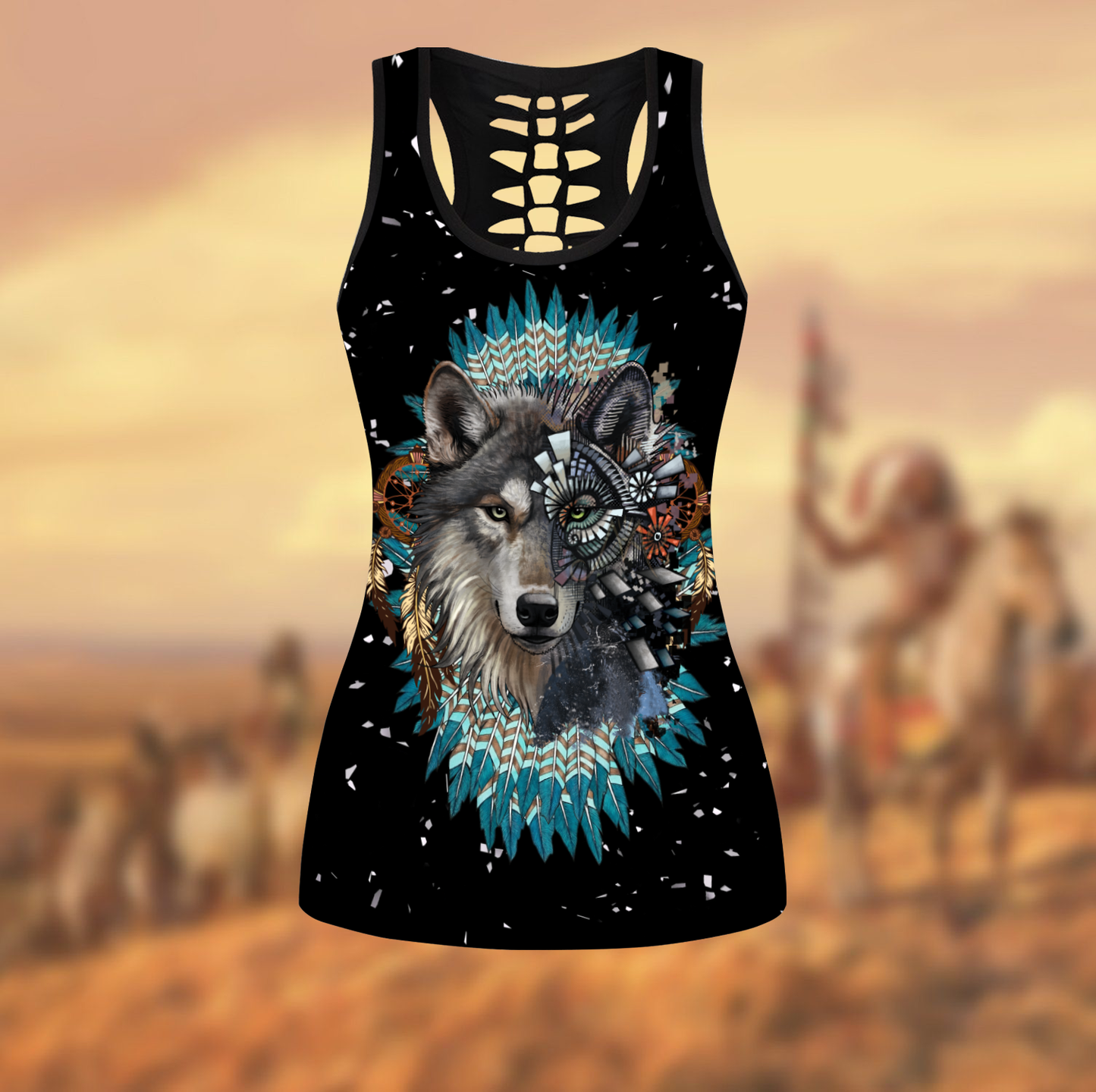 Wolf Native American 3D All Over Printed Legging + Hollow Tank