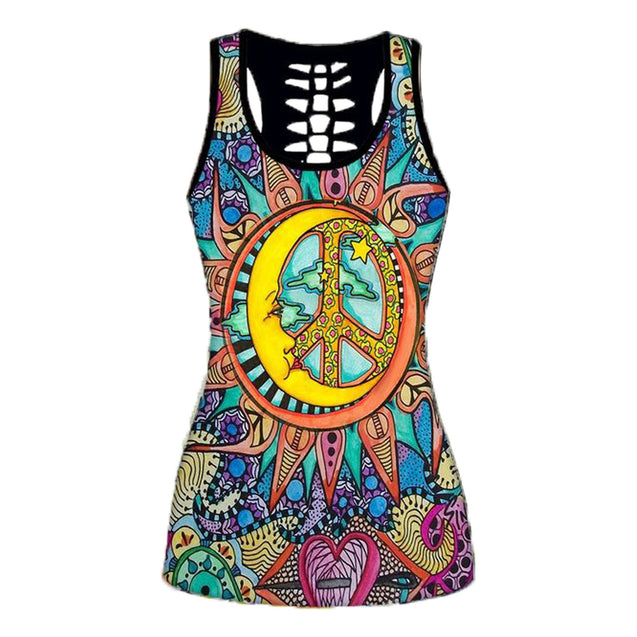 Premium Hippie Moon Peace Sign 3D Over Printed Legging & Tank Top