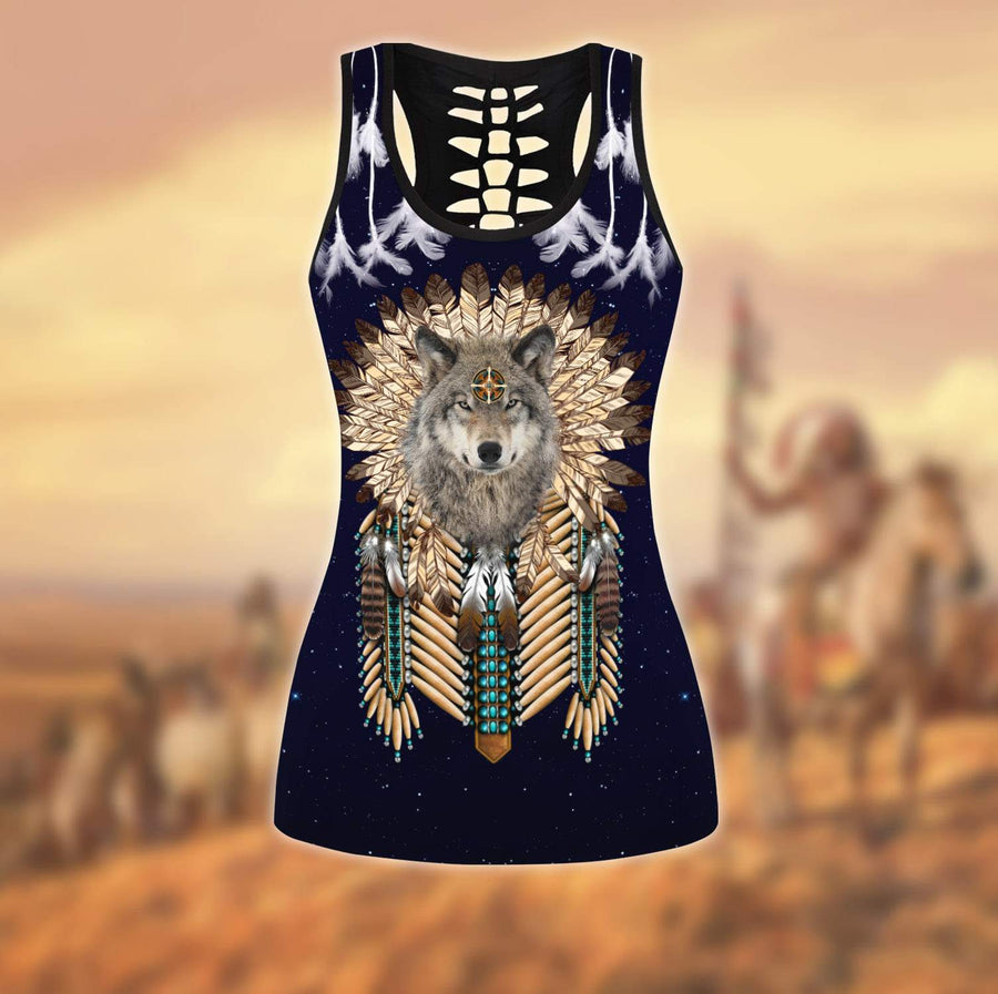 Wolf Native American 3D All Over Printed Legging + Hollow Tank Combo