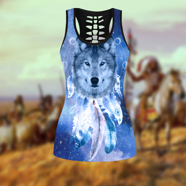 Wolf Native American 3D All Over Printed Legging + Hollow Tank Combo