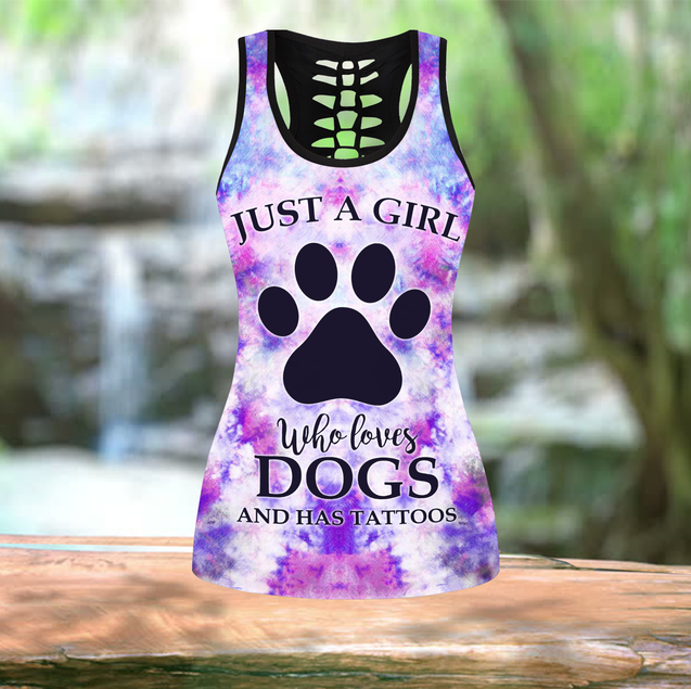 Colorful girl loves dogs tattoos legging + hollow tank combo HAC140905