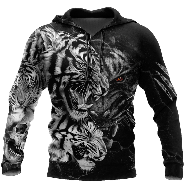 Tiger Black and White Tattoo Over Printed Hoodie for Men and Women