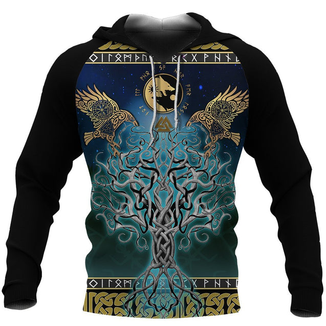 Viking Tree Of Life Fenrir Skoll And Hati Raven Rune-Apparel-HP Arts-Hoodie-S-Vibe Cosy™