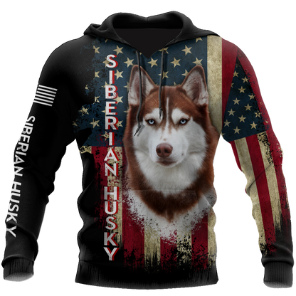 Husky Siberian American Flag 3D All Over Print Hoodie