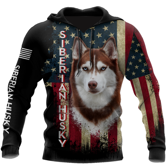 Husky Siberian American Flag 3D All Over Print Hoodie