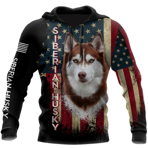 Husky Siberian American Flag 3D All Over Print Hoodie