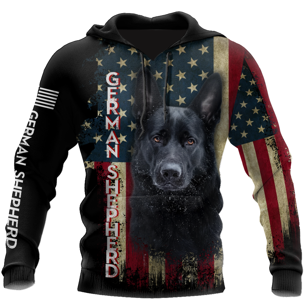 Black German Shepherd American Flag 3D All Over Print Hoodie