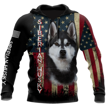 Black Husky Siberian American Flag 3D All Over Print Hoodie