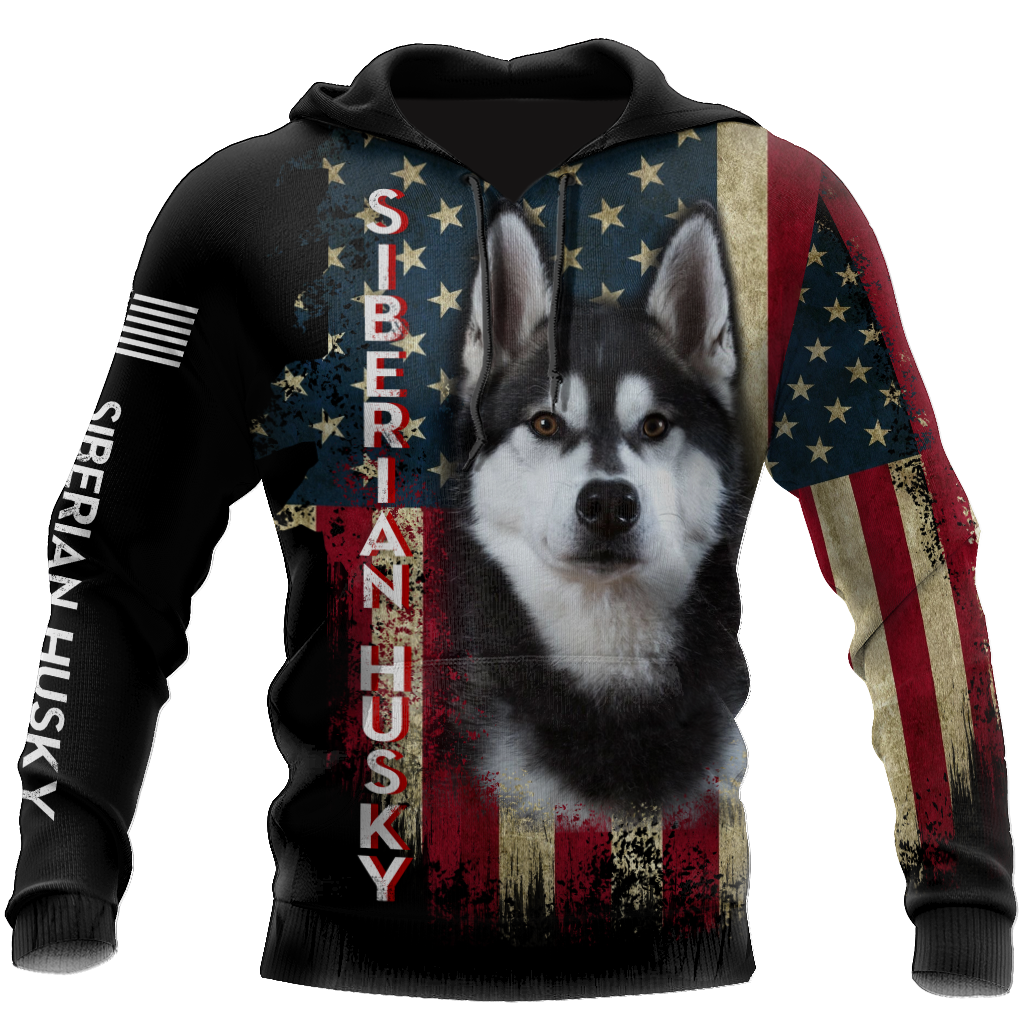 Black Husky Siberian American Flag 3D All Over Print Hoodie