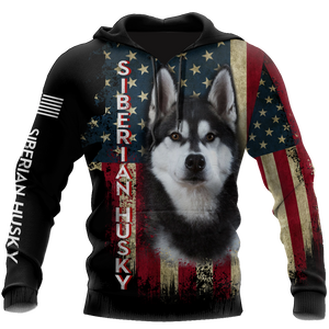 Black Husky Siberian American Flag 3D All Over Print Hoodie