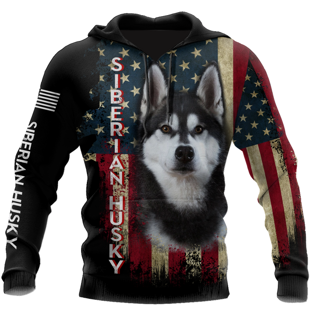 Black Husky Siberian American Flag 3D All Over Print Hoodie