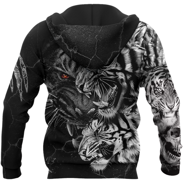 Tiger Black and White Tattoo Over Printed Hoodie for Men and Women