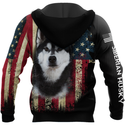 Black Husky Siberian American Flag 3D All Over Print Hoodie
