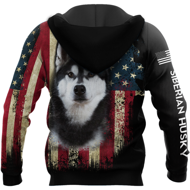 Black Husky Siberian American Flag 3D All Over Print Hoodie