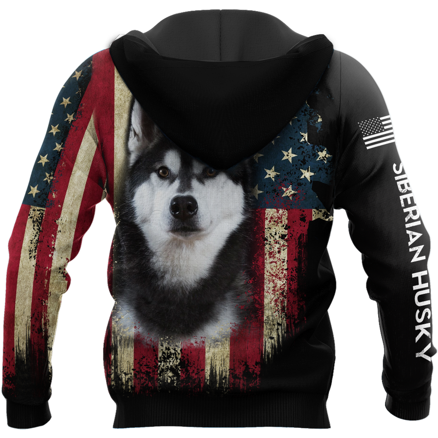 Black Husky Siberian American Flag 3D All Over Print Hoodie