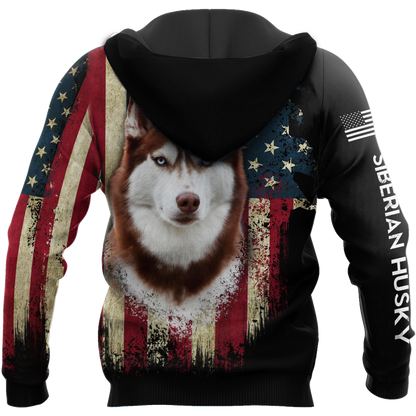 Husky Siberian American Flag 3D All Over Print Hoodie