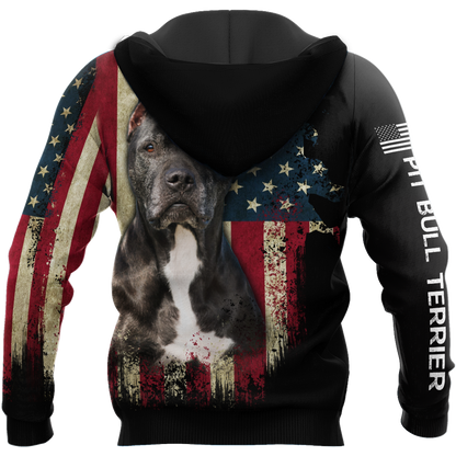 Pit Bull Terrier American Flag 3D All Over Print Hoodie