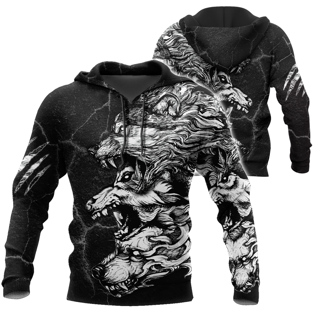 Three Gray Wolfs Tattoo 3D Over Printed Unisex Shirts