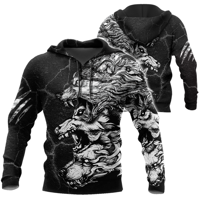 Three Gray Wolfs Tattoo 3D Over Printed Unisex Shirts