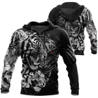 Tiger Black and White Tattoo Over Printed Hoodie for Men and Women