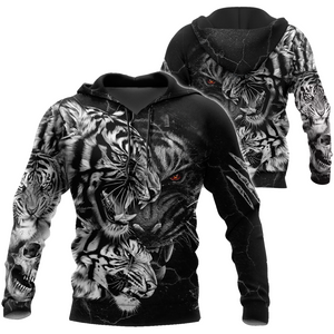 Tiger Black and White Tattoo Over Printed Hoodie for Men and Women