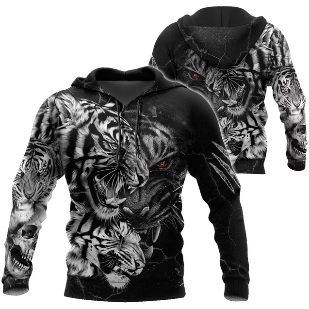 Tiger Black and White Tattoo Over Printed Hoodie for Men and Women