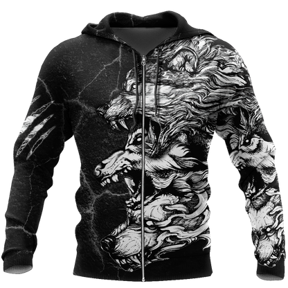 Three Gray Wolfs Tattoo 3D Over Printed Unisex Shirts