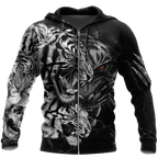 Tiger Black and White Tattoo Over Printed Hoodie for Men and Women