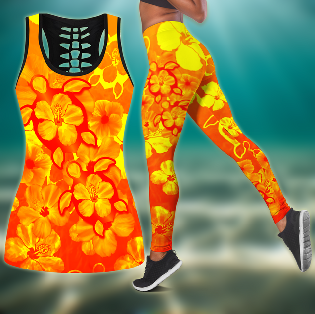 Orange Hibiscus Turtles In Hawaiian Dream Combo Legging + Tank Limited by SUN JJ160524S-Apparel-SUN-S-S-Vibe Cosy™