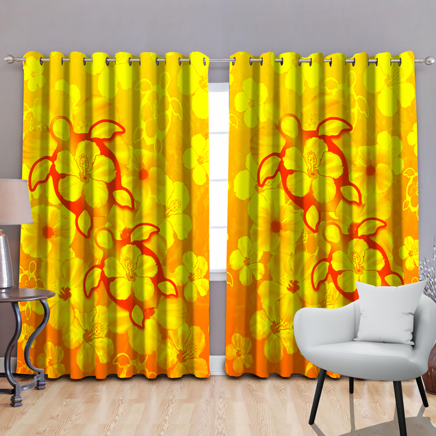 Yellow Hibiscus Turtles In Hawaiian Dream Window Curtains JJ160524S-Curtains-SUN-52'' x 63''-Vibe Cosy™