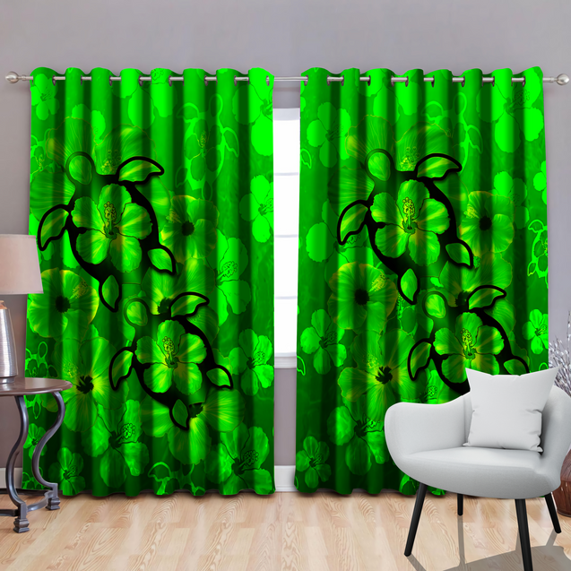 Green Hibiscus Turtles In Hawaiian Dream Window Curtains JJ160525S-Curtains-SUN-52'' x 63''-Vibe Cosy™