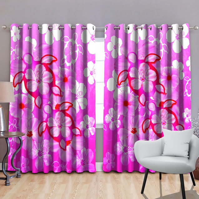 Pink Hibiscus Turtles In Hawaiian Dream Window Curtains JJ160526S-Curtains-SUN-52'' x 63''-Vibe Cosy™