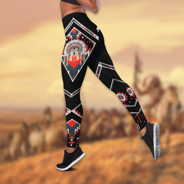 Wolf Native American 3D All Over Printed Legging + Hollow Tank