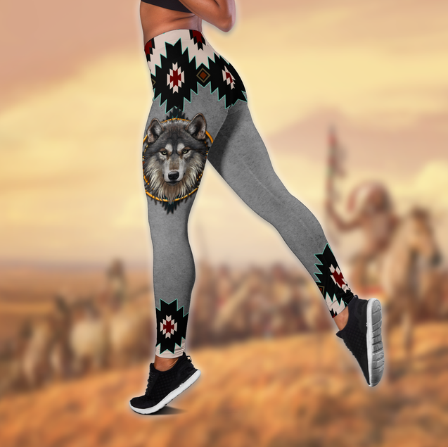 Wolf Native American 3D All Over Printed Legging + Hollow Tank