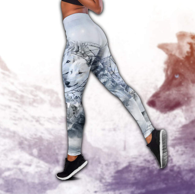 Wolf Native American 3D All Over Printed Legging + Hollow Tank