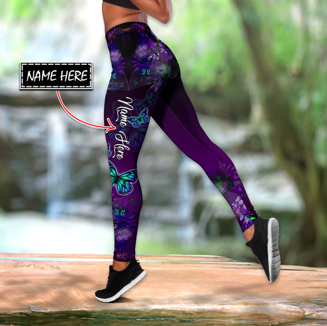 Butterfly purple legging + hollow tank combo custom name