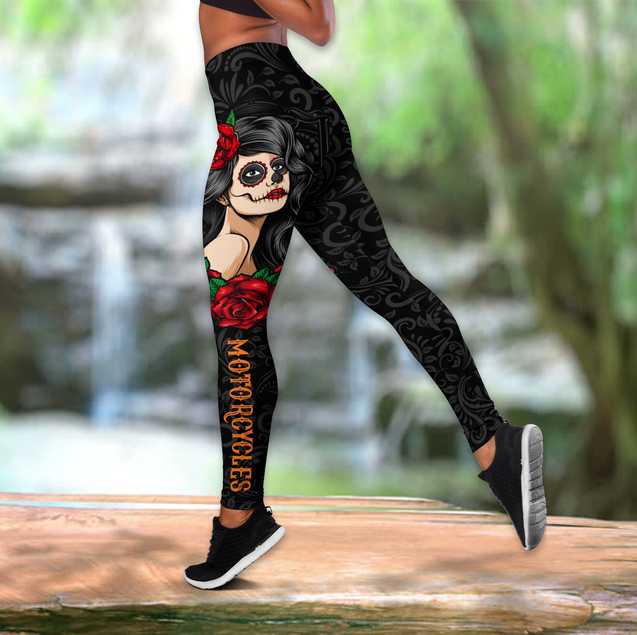 Skull Girl Biker Legging + hollow tank combo outfit