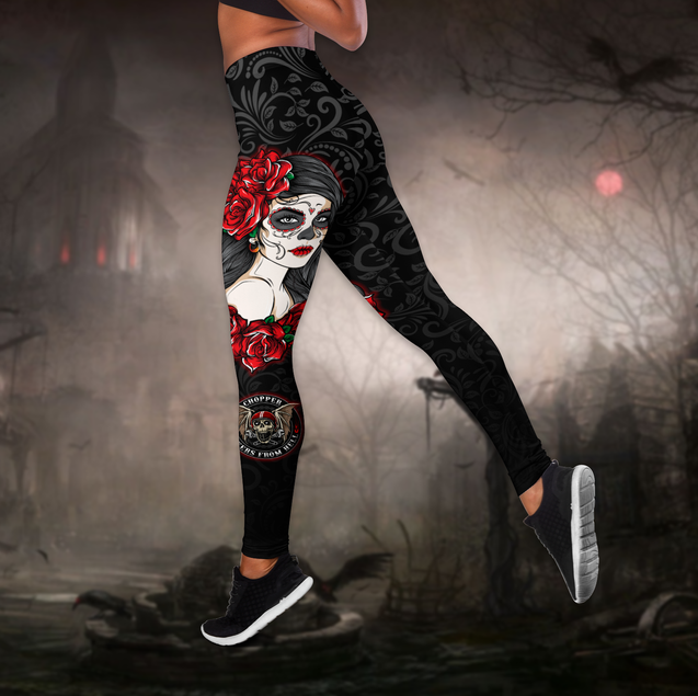 Skull Girl Biker Legging + hollow tank combo outfit