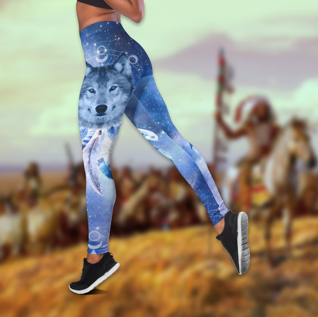 Wolf Native American 3D All Over Printed Legging + Hollow Tank Combo